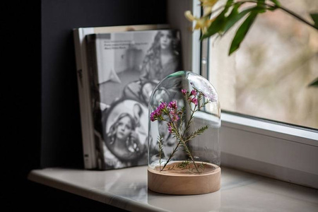 Kopuła szklana z podstawką drewnianą, klosz W-580A+deska H:20cm D:15cm