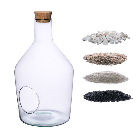 Szklany wazon butelka H:37cm D:21cm W-545A+boczny otwór+korek+zestaw podłoża